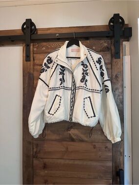 Women's Embroidered Bomber Brayden  Jacket white with Black Floral Detail